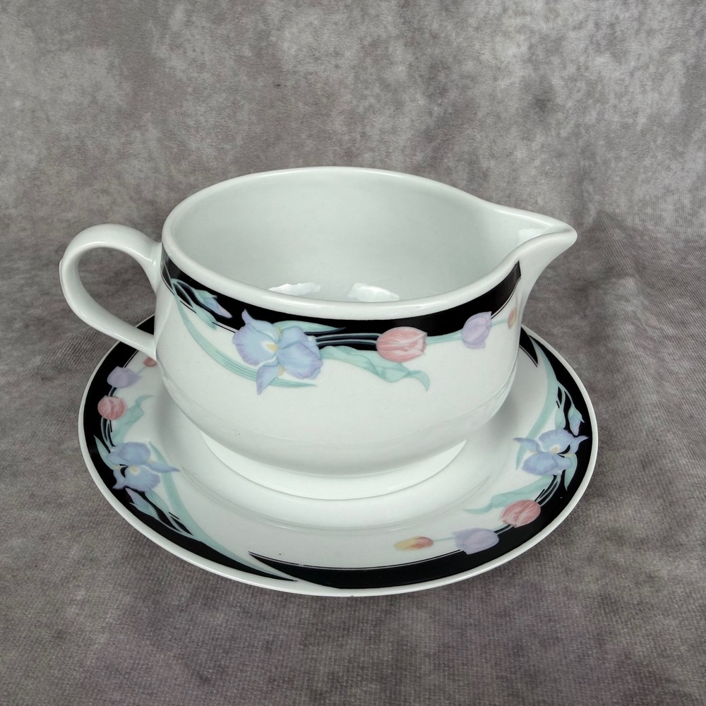 Vtg Caravel by Excel Gravy Boat & Saucer Set Blk Border Pastel Iris Tulip China